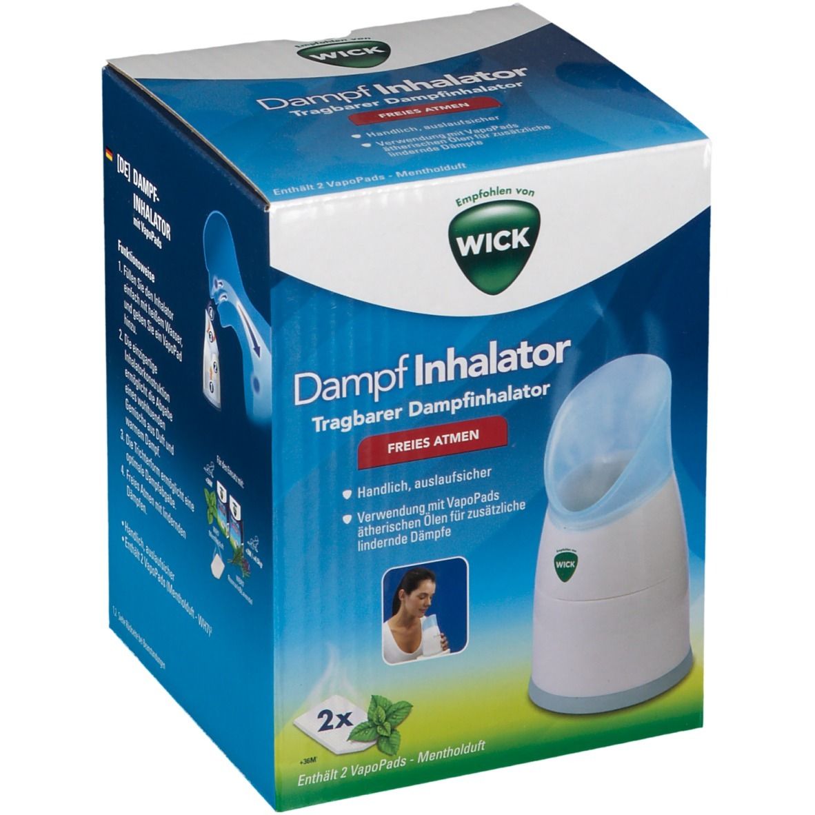 Emballage de l'inhalateur à vapeur WICK avec illustration de l'appareil et instructions d'utilisation.
