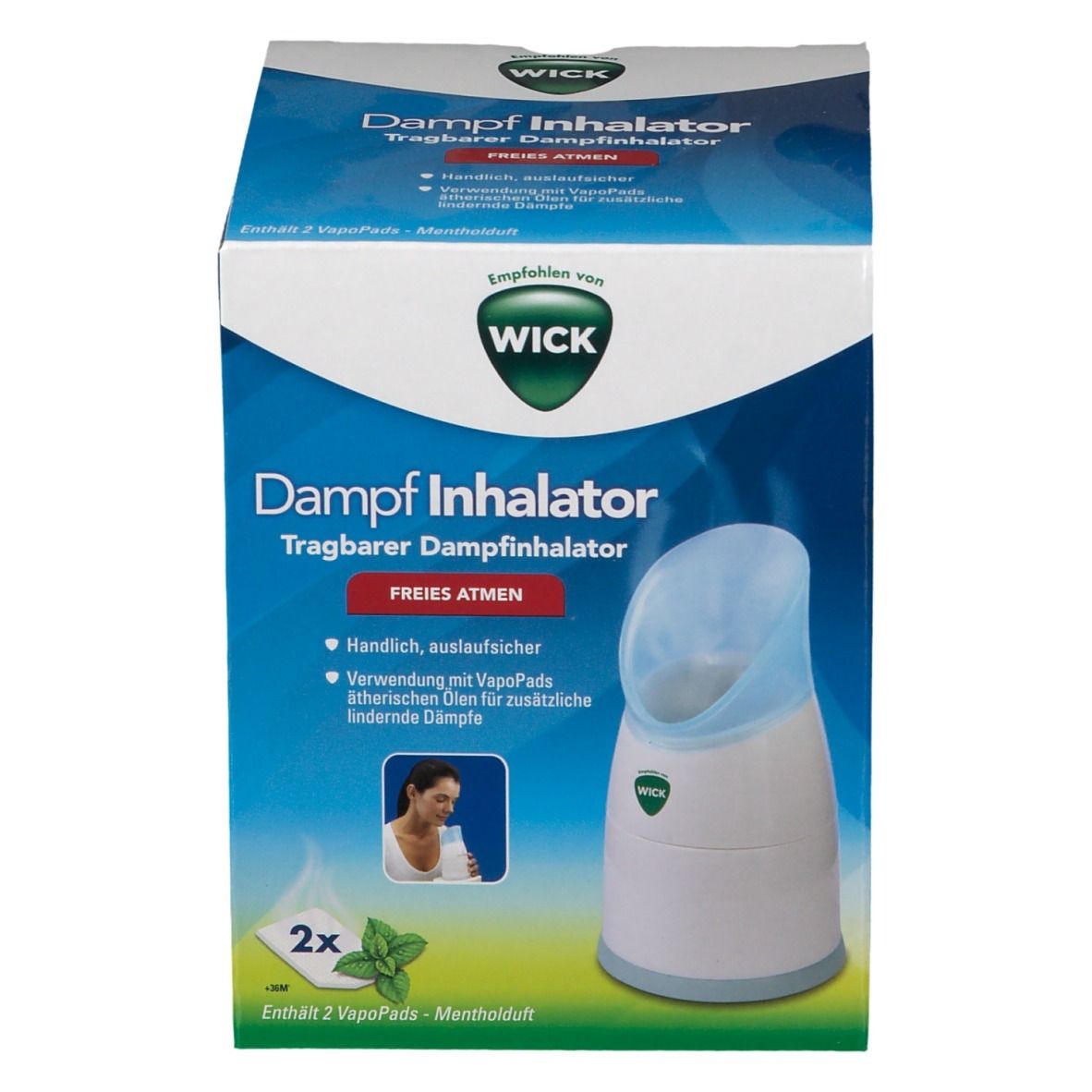 Emballage de l'inhalateur à vapeur WICK avec illustration de l'appareil et instructions d'utilisation.