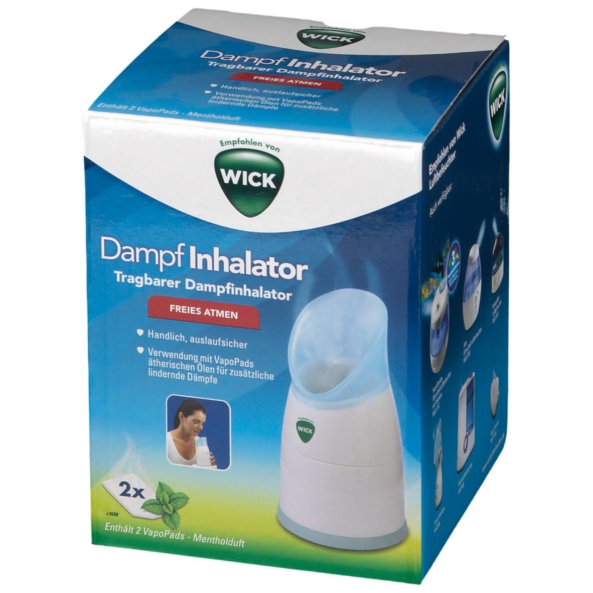 Emballage de l'inhalateur à vapeur WICK avec illustration de l'appareil et instructions d'utilisation.