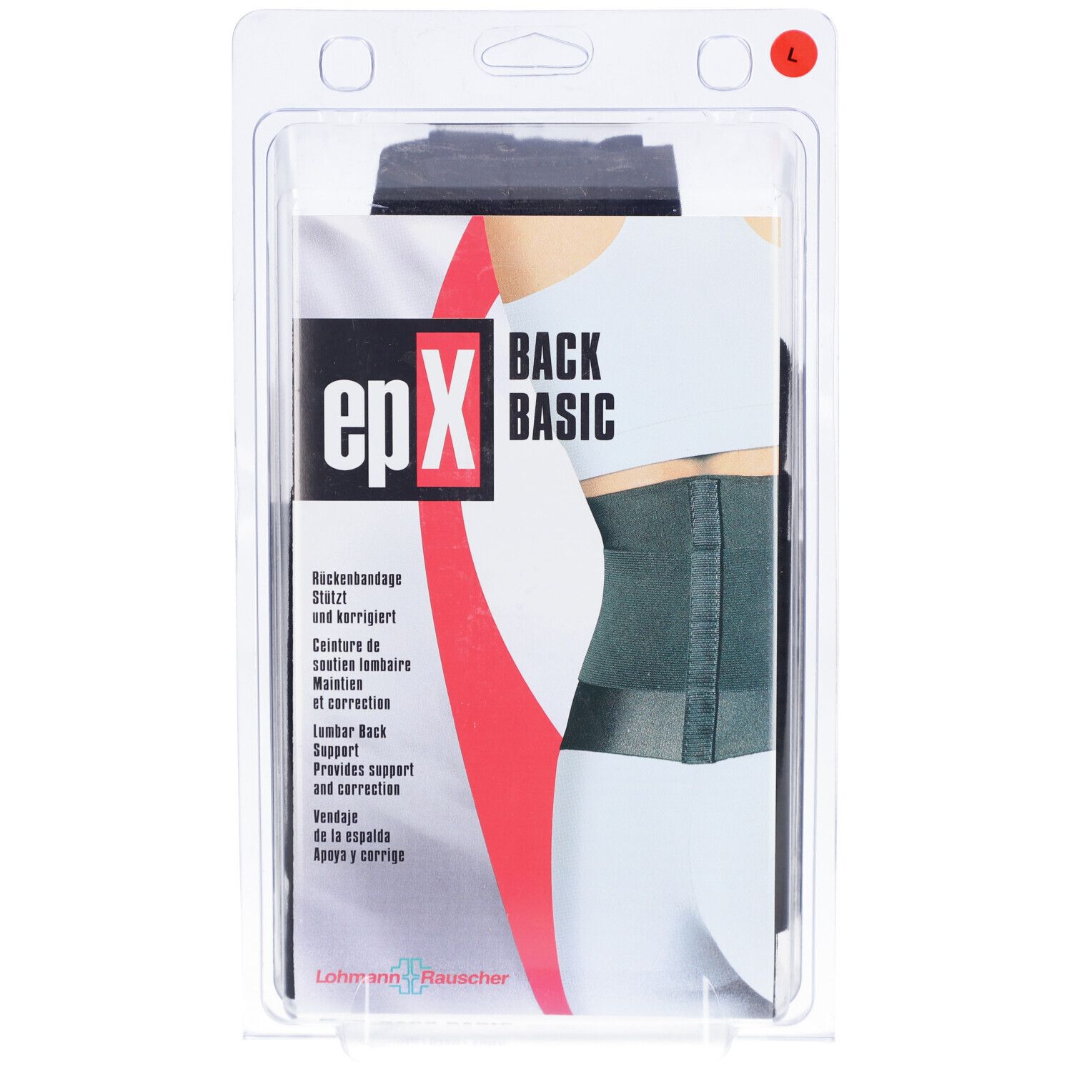 Orthèse lombaire epX Back Basic, taille L, en emballage blister. Textile noir, renforts latéraux, étiquette produit.