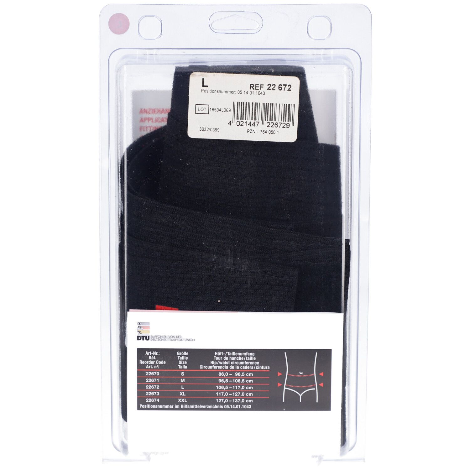 Orthèse dorsale noire, taille L, en emballage blister. Étiquette produit avec tailles et numéro de référence.