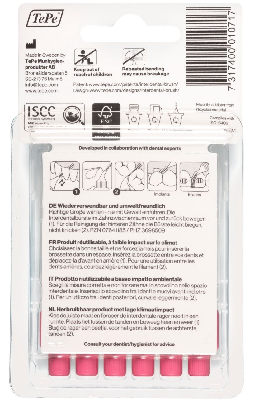 Dos de l'emballage avec informations. Certification FSC, ISO 9001. Six brossettes roses visibles.