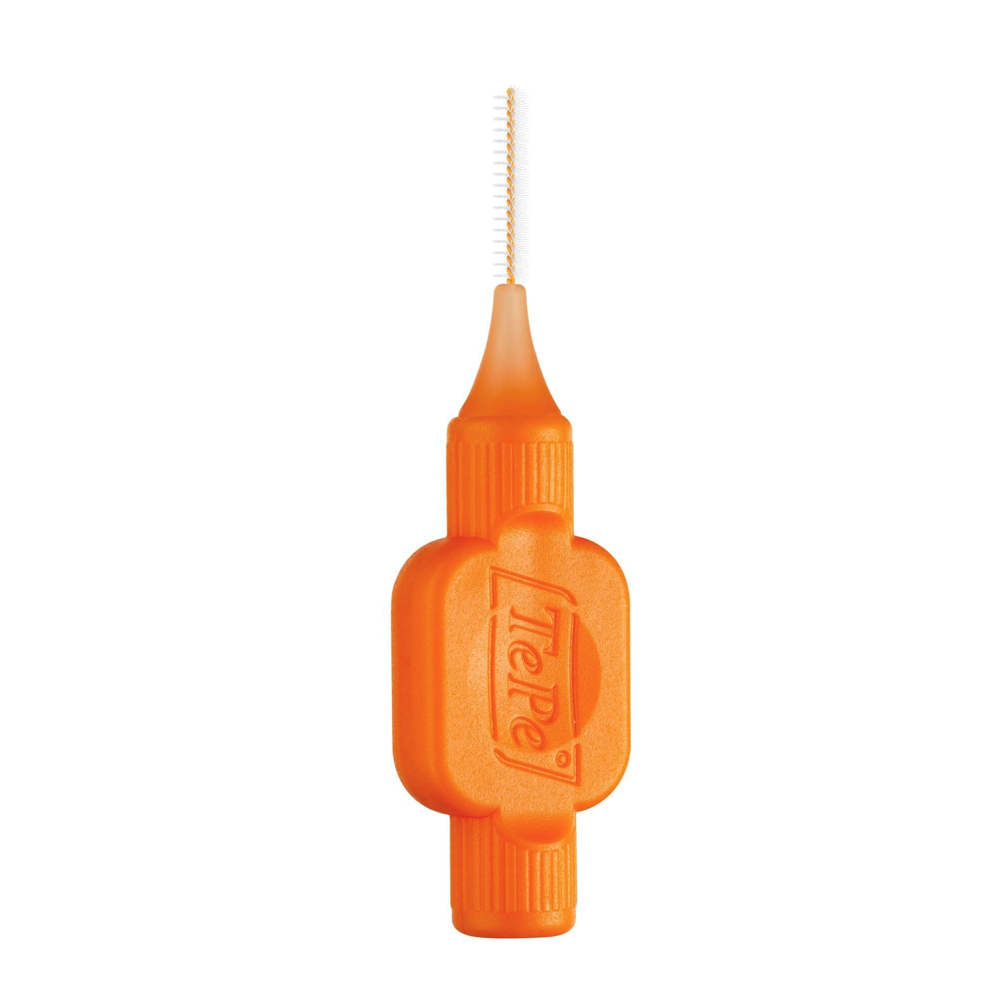 Brossette interdentaire orange unique. Tête avec poils, manche avec logo.