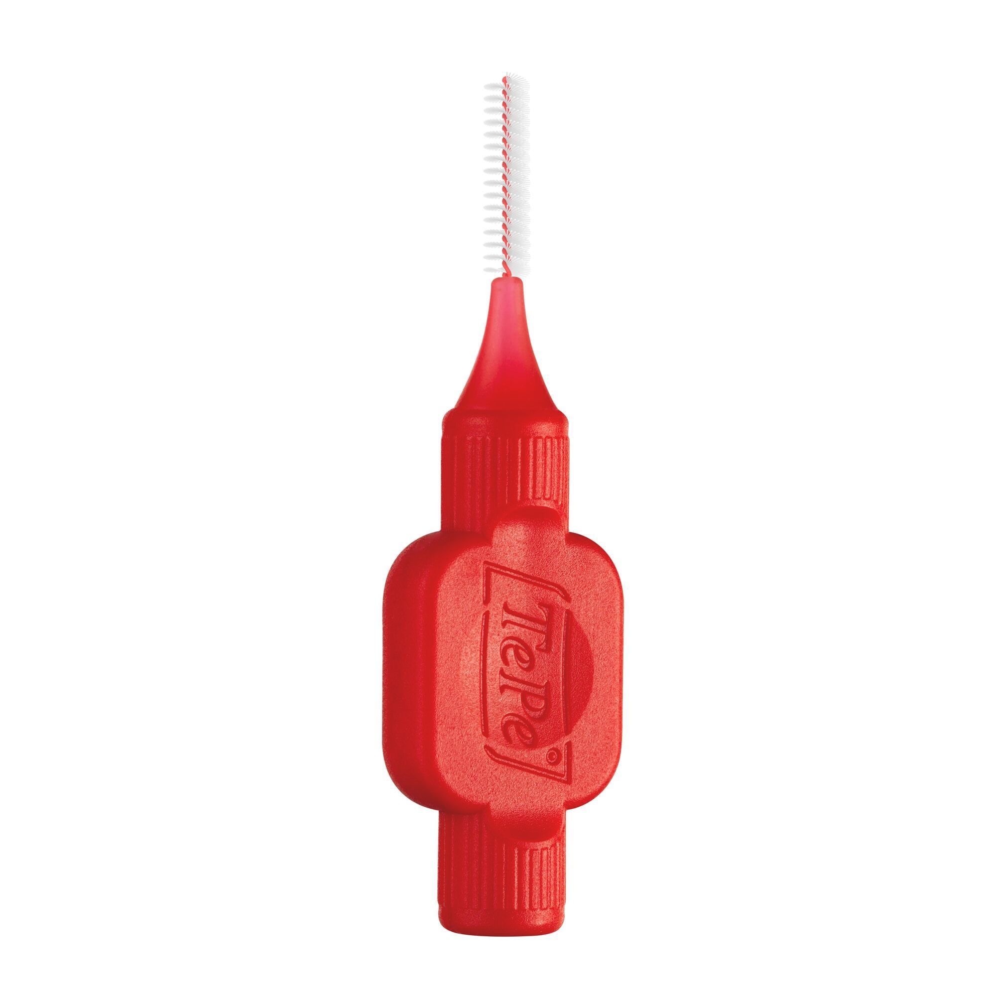Brossette interdentaire rouge avec tête de poils blancs. Marque TePe. Manche rond avec logo carré.