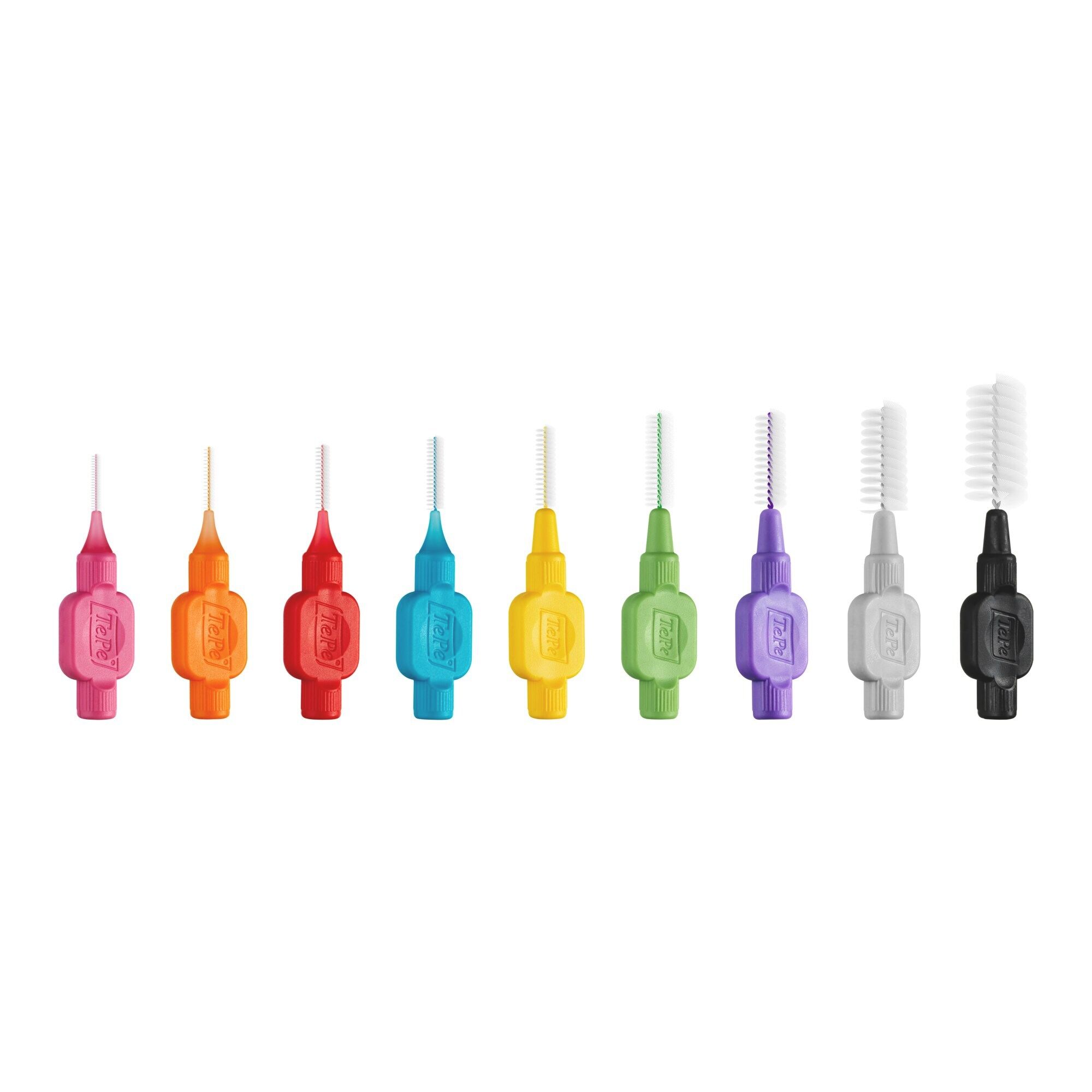 Diverses brossettes interdentaires colorées. Marque TePe. Différentes couleurs, têtes de poils blanches.