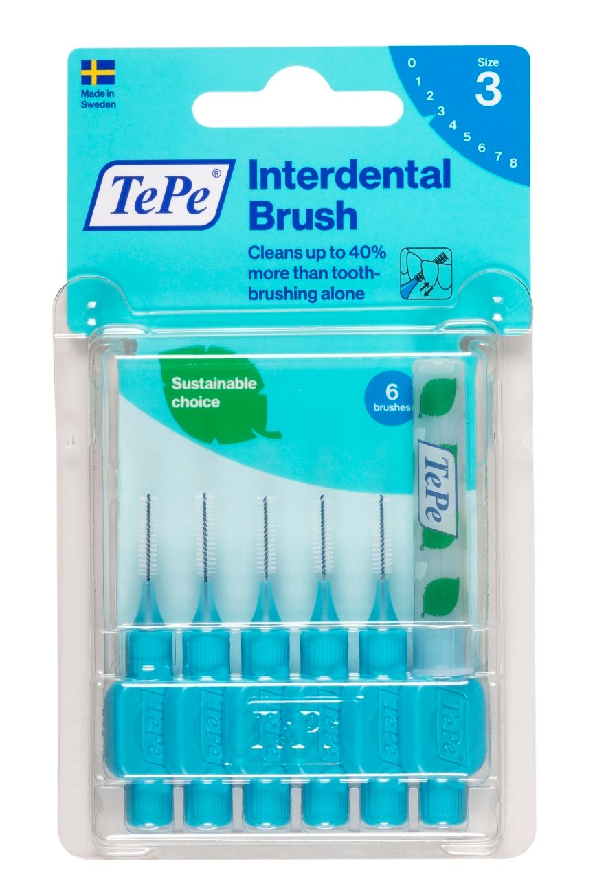 TePe brosses interdentaires bleues, emballage. 6 brosses, taille 3. Choix durable. Certification FSC.