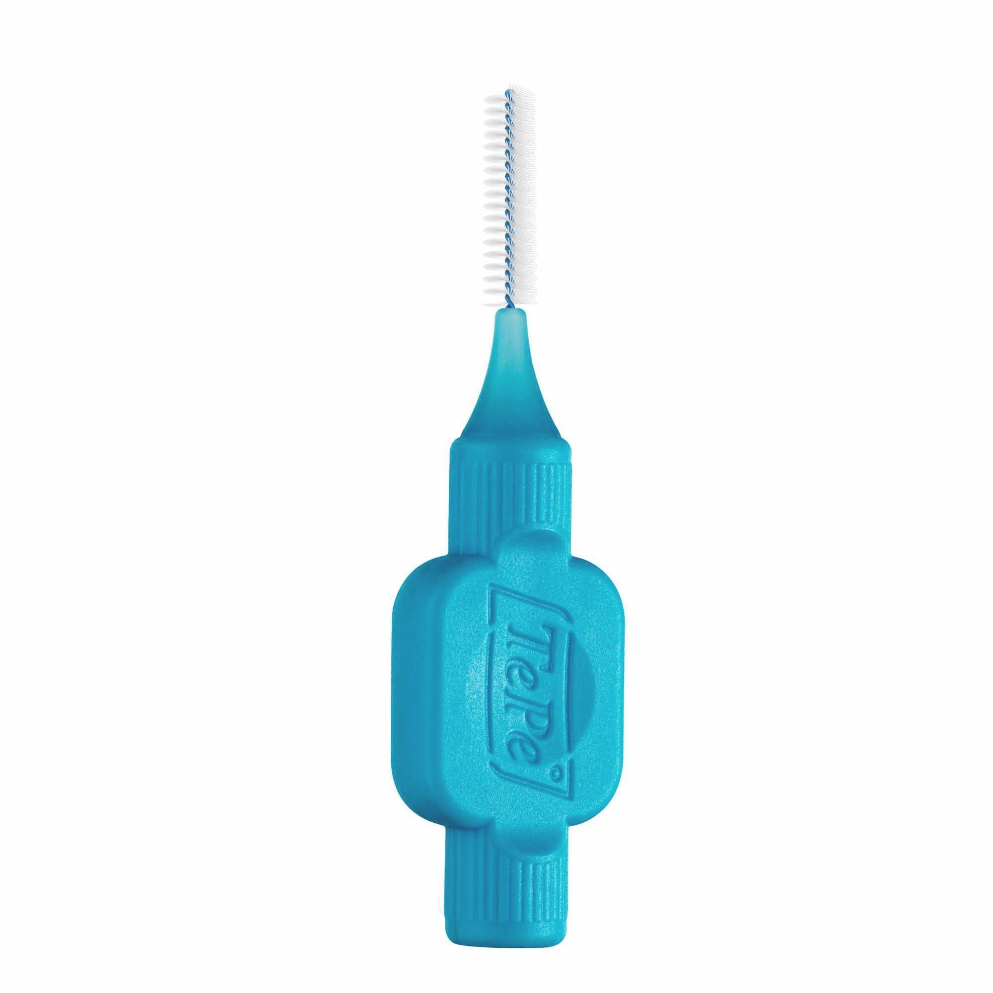 Brosse interdentaire TePe bleue. Tête de brosse avec poils blancs. Manche avec logo.