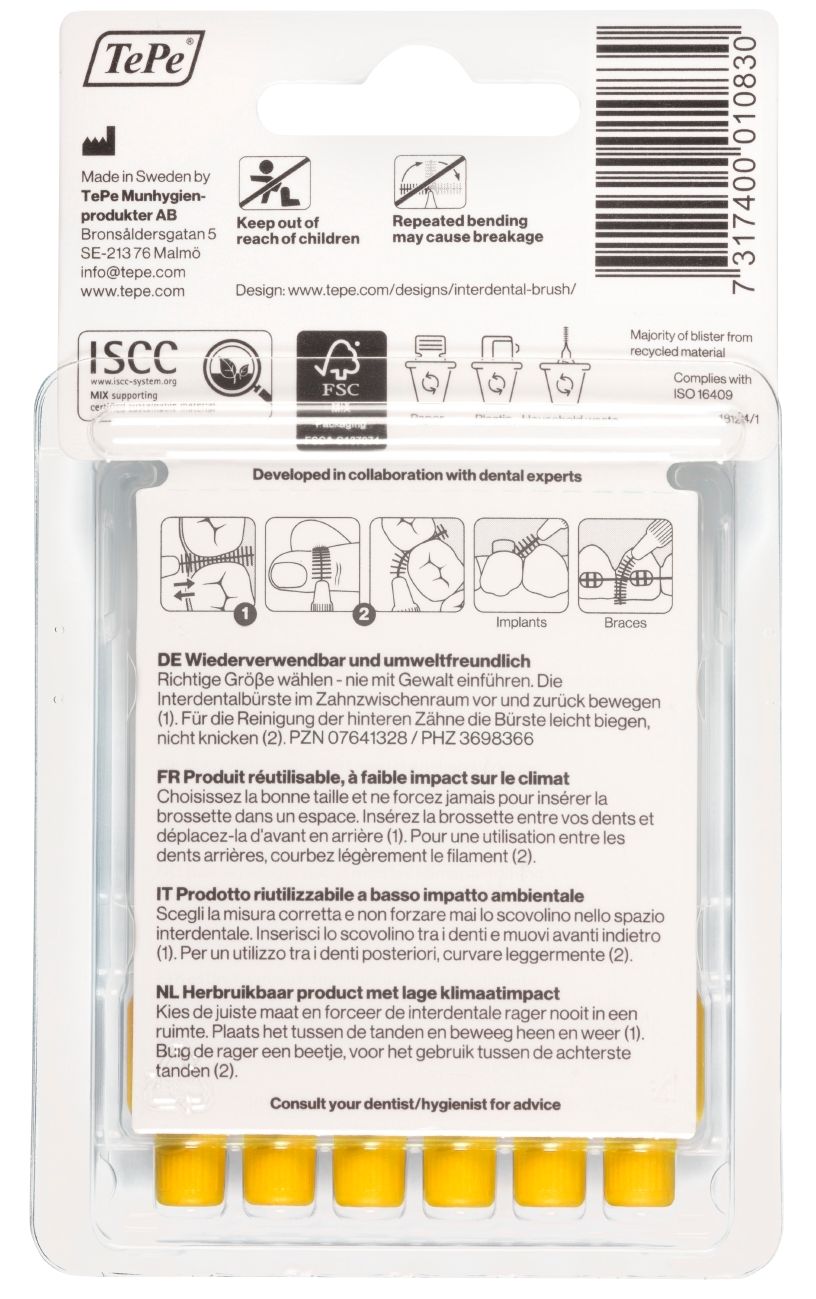 Dos de l'emballage blister avec informations produit. Certification FSC. Symboles de recyclage. Marque TePe.