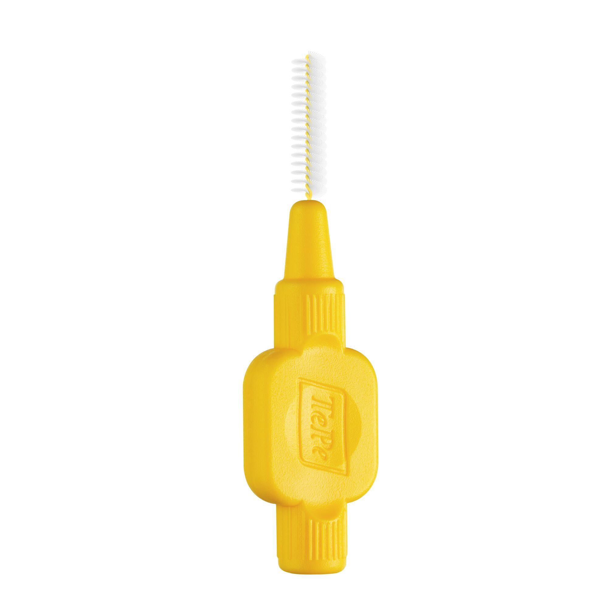 Brosse interdentaire jaune. Manche cylindrique, tête de brosse. Marque TePe.
