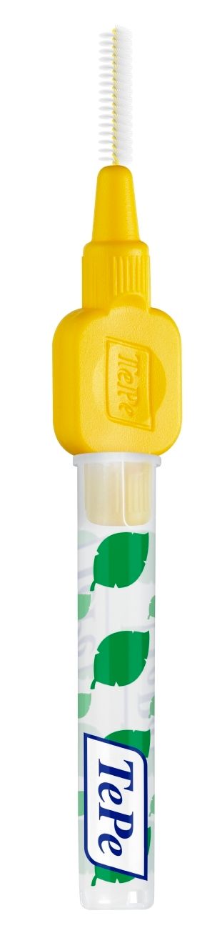 Brosse interdentaire jaune avec manche transparent. Tête de brosse. Marque TePe.