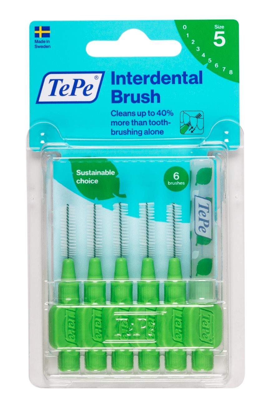 TePe brosses interdentaires vertes, emballage blister. 6 brosses, taille 5. Choix durable. Marque TePe.