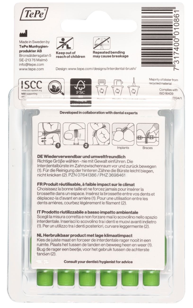 Dos de l'emballage des brosses interdentaires TePe. Informations sur la durabilité, la certification FSC et les instructions.