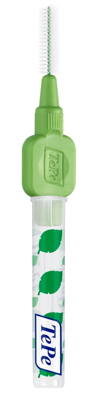 Brosse interdentaire TePe verte avec manche transparent. Tête de brosse avec poils blancs. Marque TePe.