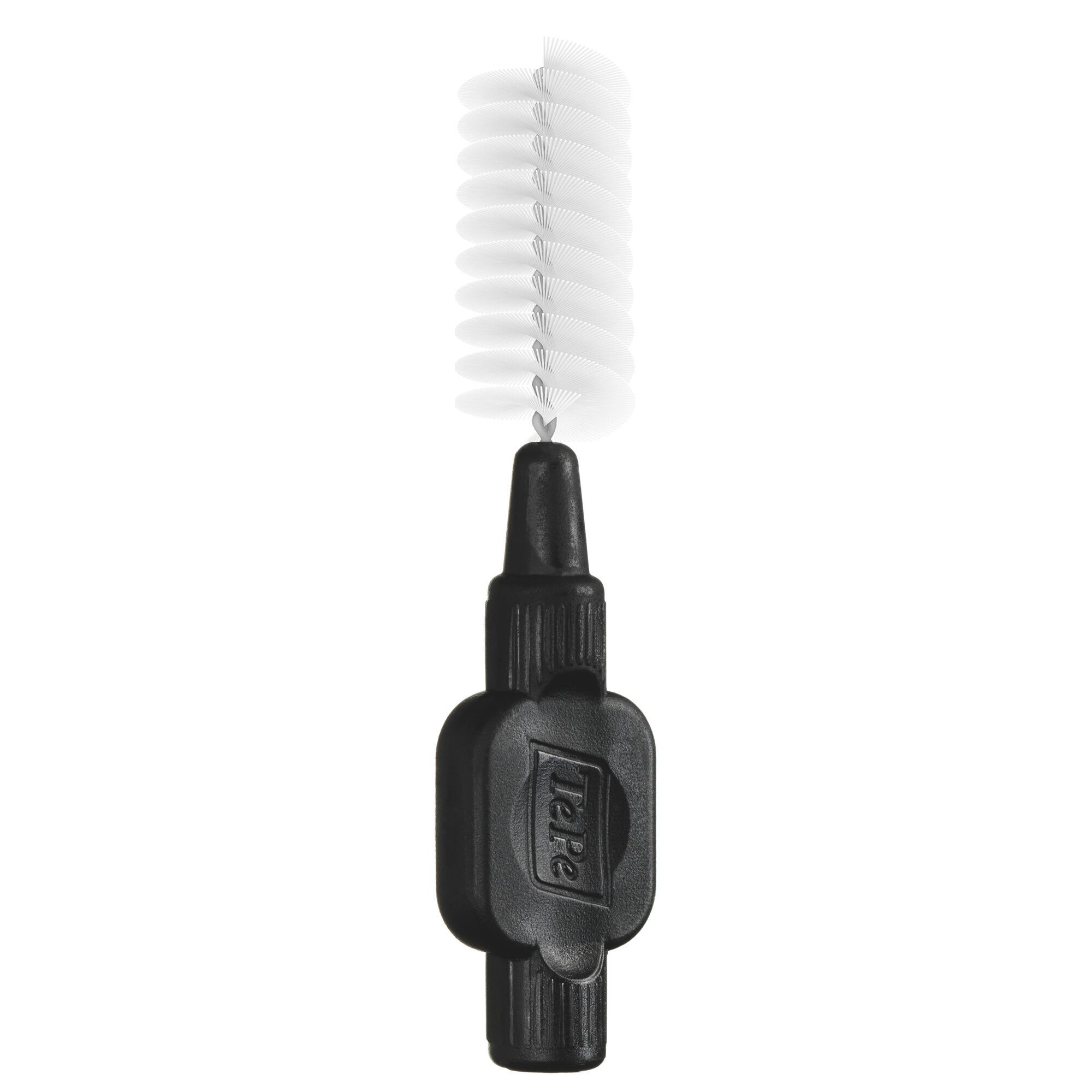 Brossette interdentaire noire avec tête de brosse blanche. Manche noir avec logo du produit. Brosse unique, gros plan.