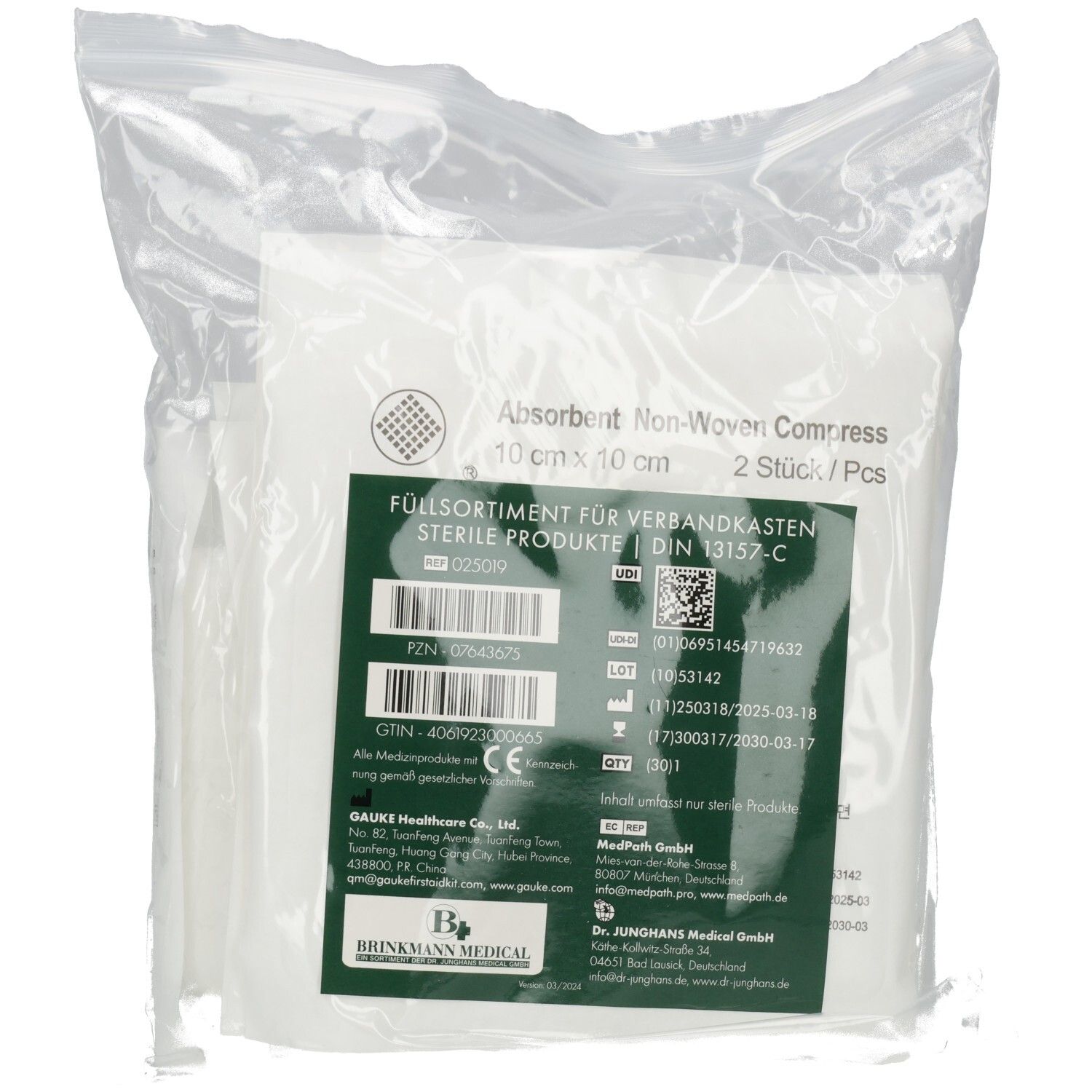 Recharge pour trousse de premiers secours. Compresses stériles 10x10 cm, 2 pièces. Emballé dans un film transparent. Informations imprimées.