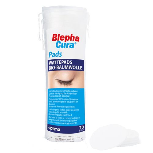 BlephaCura Pads, emballage transparent. 70 pièces. Emballage bleu et blanc avec nom et description du produit.