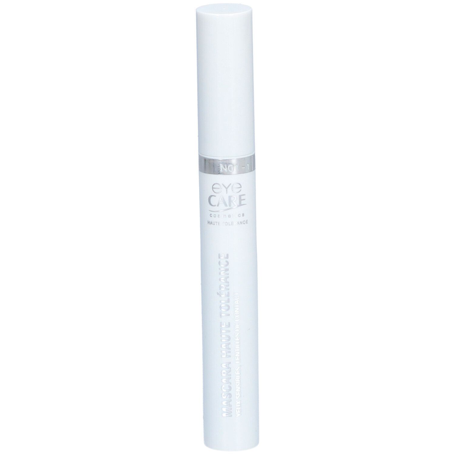 Tube de mascara blanc avec bague argentée et texte. Nom du produit: Eye Care. Inscription: Mascara Haute Tolérance.