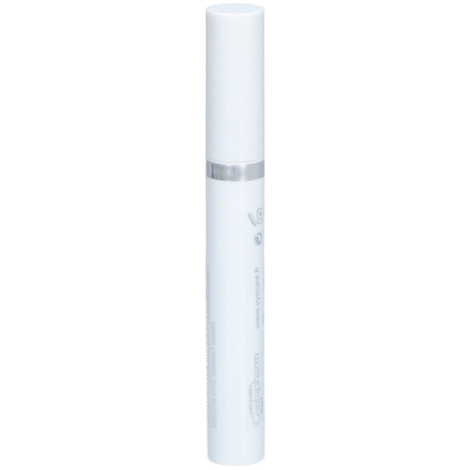 Tube de mascara blanc avec bague argentée et texte. Nom du produit: Eye Care. Inscription: Mascara Haute Tolérance.