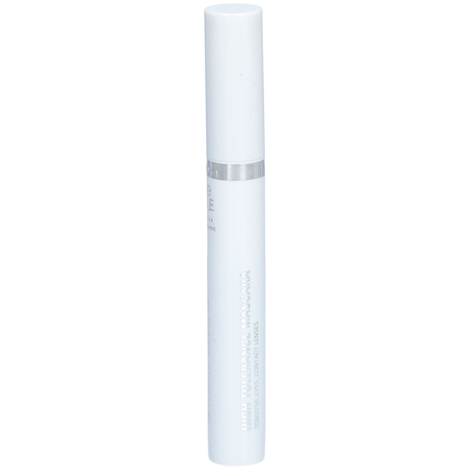 Tube de mascara blanc avec bague argentée et texte. Nom du produit: Eye Care. Inscription: Mascara Haute Tolérance.