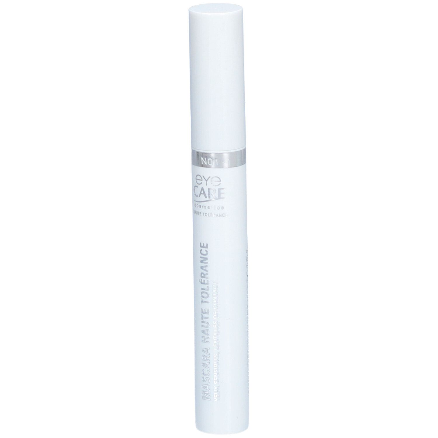 Tube de mascara blanc avec bague argentée et texte. Nom du produit: Eye Care. Inscription: Mascara Haute Tolérance.