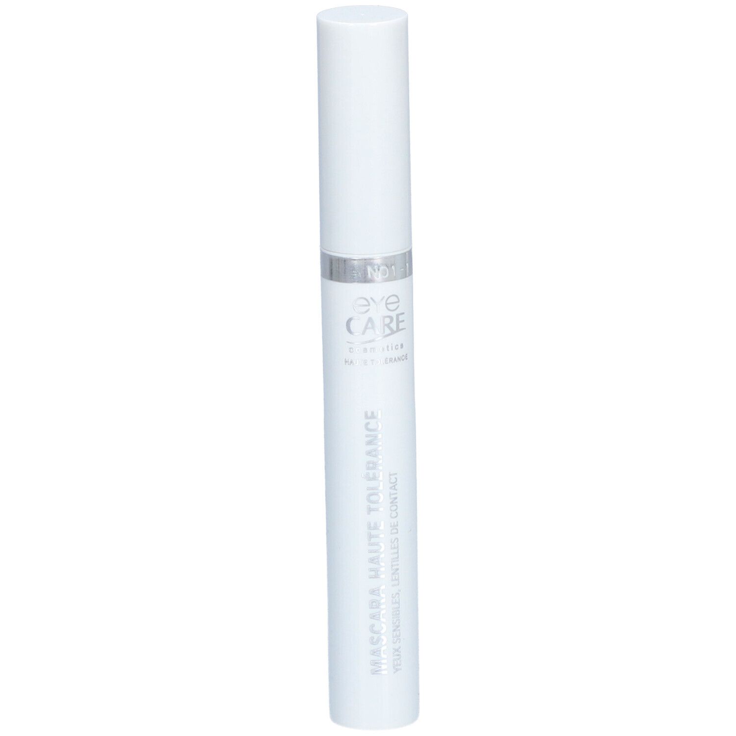 Tube de mascara blanc avec bague argentée et texte. Nom du produit: Eye Care. Inscription: Mascara Haute Tolérance.
