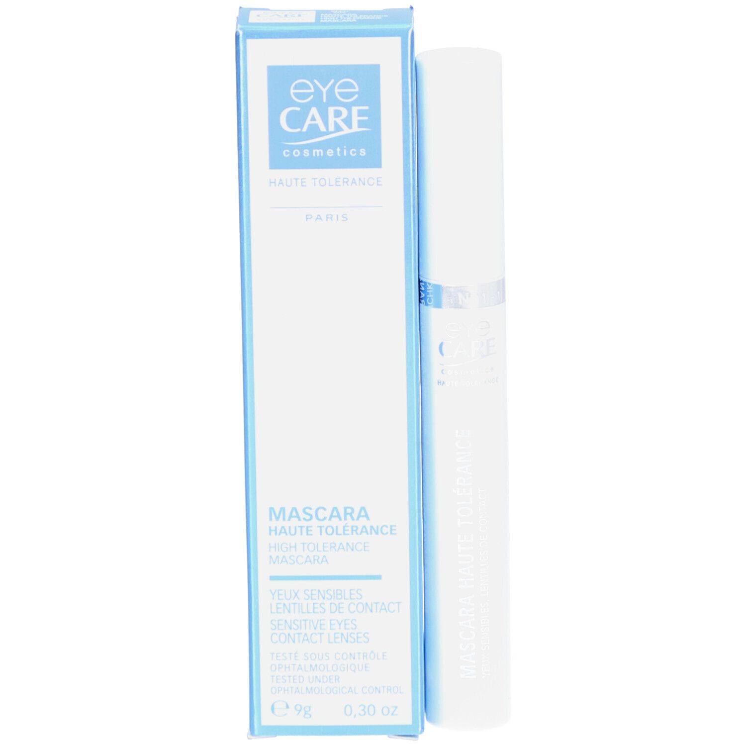 Emballage de mascara avec tube blanc et emballage bleu. Inscription: Eye Care, Mascara Haute Tolérance, 9g, 0.30 oz.