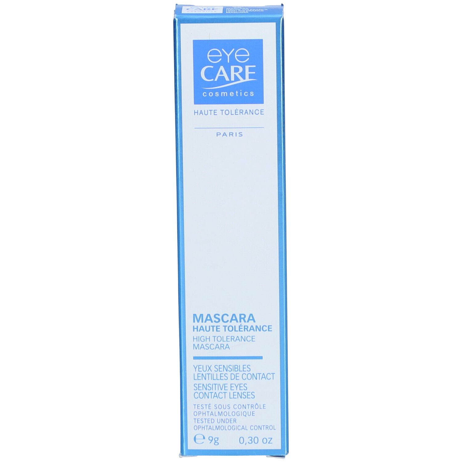 Emballage bleu avec texte blanc. Inscription: Eye Care, Mascara Haute Tolérance, 9g, 0.30 oz.