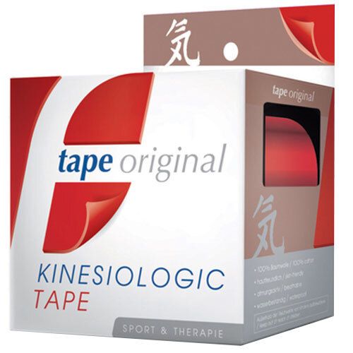 Ruban de kinésiologie rouge. Inscription : tape original, KINESIOLOGIC TAPE. Sport & Thérapie. Emballage.