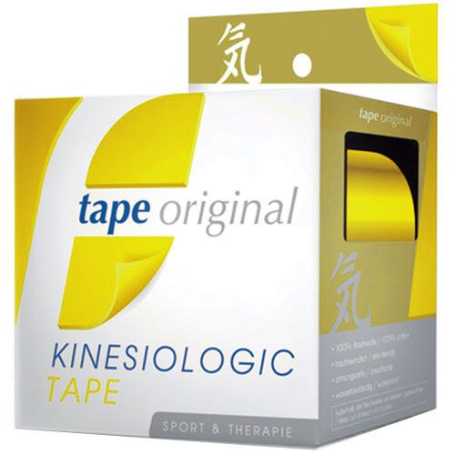 Ruban de kinésiologie jaune. Inscription: tape original, KINESIOLOGIC TAPE. Sport & Thérapie. Emballage.