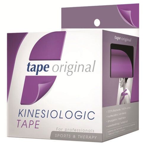 Ruban de kinésiologie violet, en boîte. Inscription : tape original, KINESIOLOGIC TAPE. Pour le sport et la thérapie.