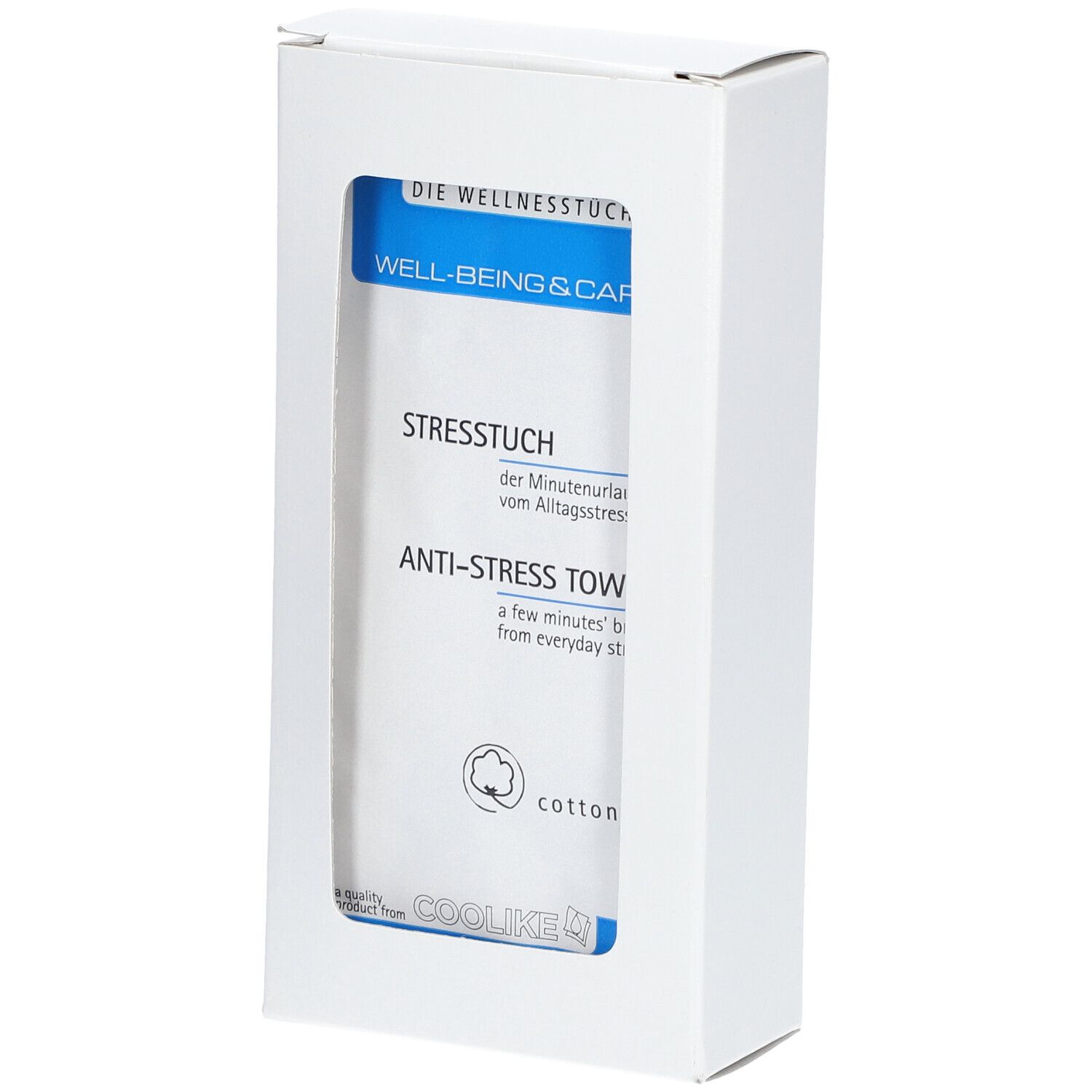 Emballage blanc avec fenêtre. Rouleau textile bleu visible. Inscription : Stresstuch, Anti-Stress Towel, Coolike.