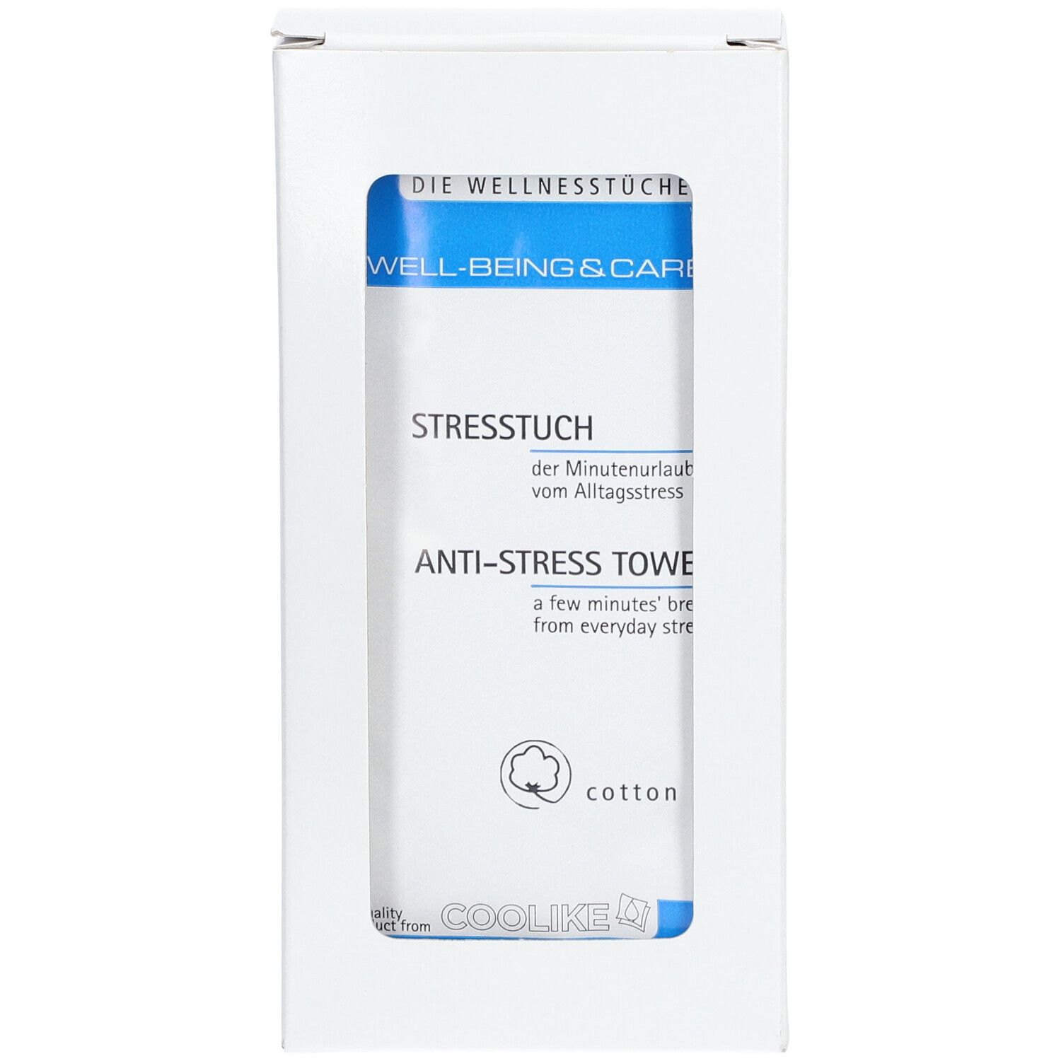 Emballage blanc avec fenêtre. Rouleau textile bleu visible. Inscription : Stresstuch, Anti-Stress Towel, Coolike.