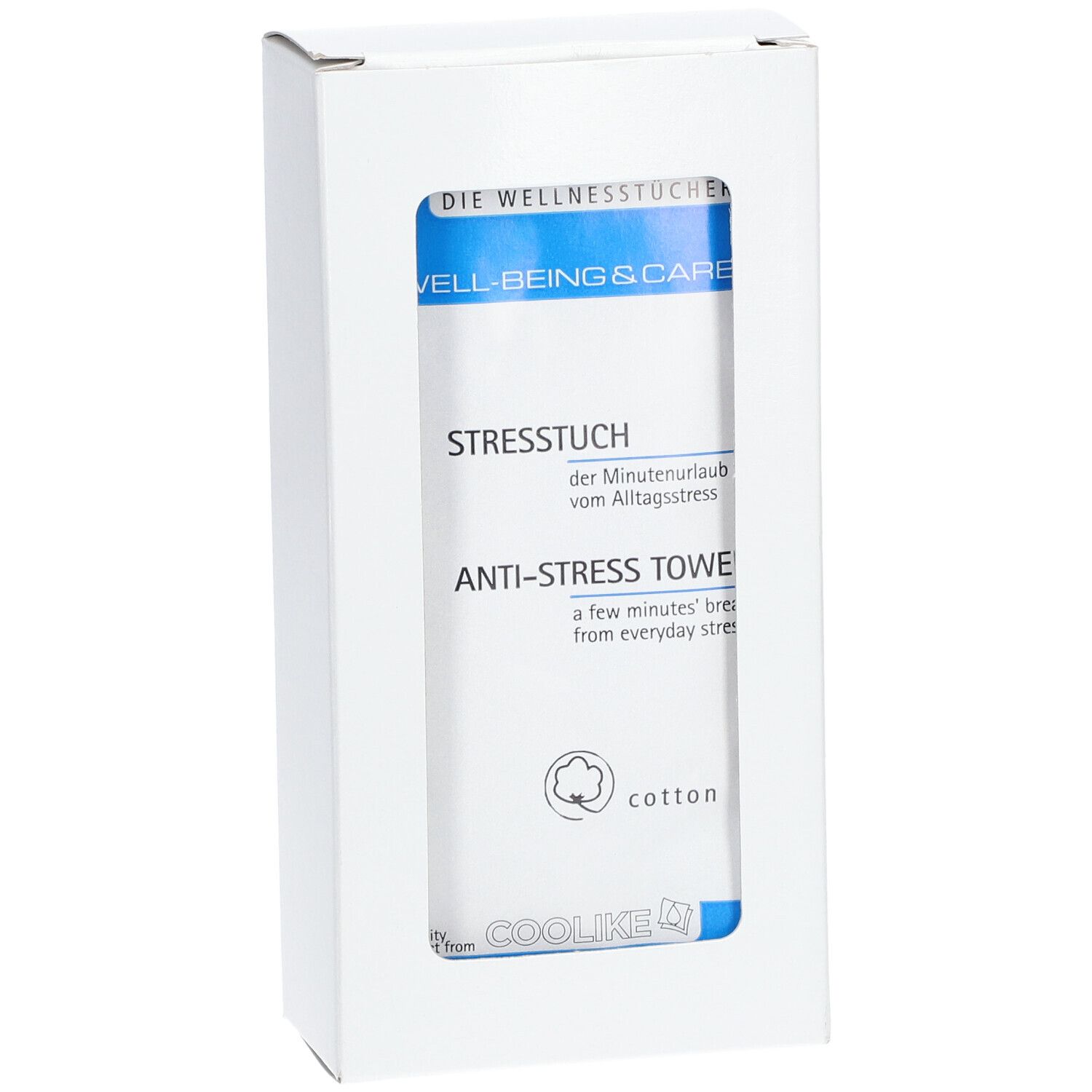 Emballage blanc avec fenêtre. Rouleau textile bleu visible. Inscription : Stresstuch, Anti-Stress Towel, Coolike.