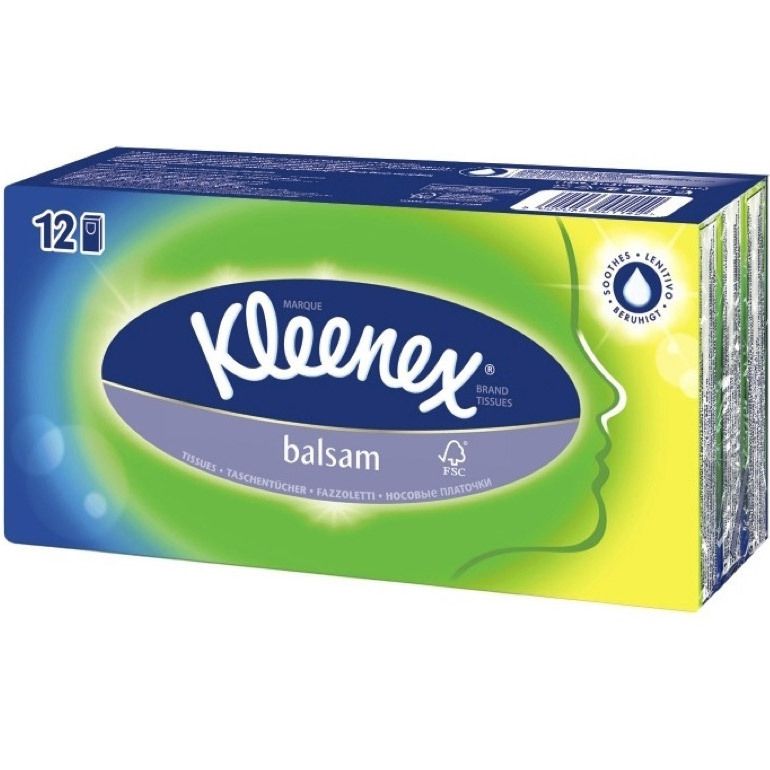 Paquet de mouchoirs Kleenex Balsam. Emballage bleu, vert et jaune. 12 unités. Certification FSC.