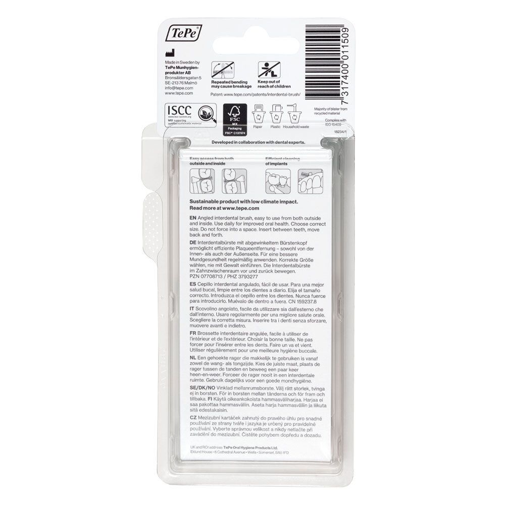 Dos de l'emballage avec informations produit. Marque TePe. Texte multilingue, indication de durabilité.