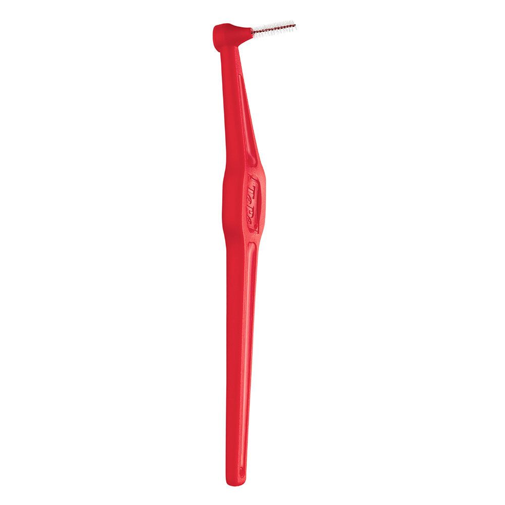 Brossette interdentaire rouge unique. Tête de brosse angulaire. Manche rouge fin.