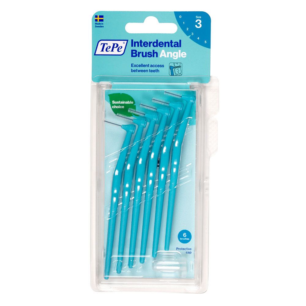 Emballage blister contenant six brossettes interdentaires TePe Angle bleues. Taille 3. Informations produit visibles.