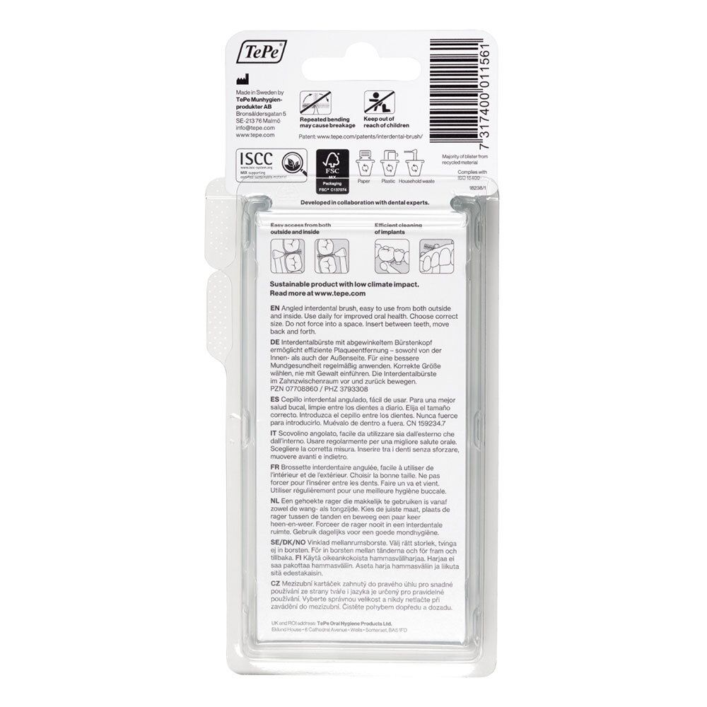 Dos de l'emballage blister avec informations sur les brossettes interdentaires TePe Angle. Texte multilingue.
