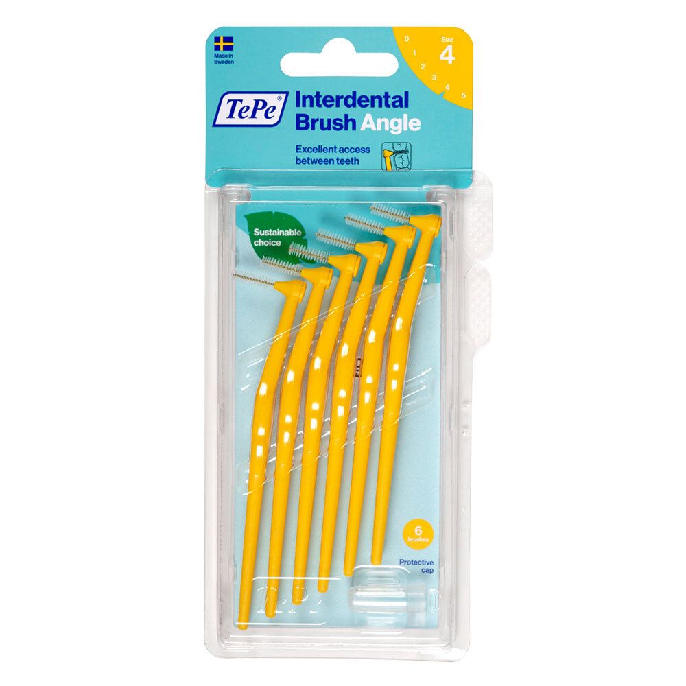 Emballage de six brossettes interdentaires TePe Angle jaunes. Têtes et manches visibles. Informations produit sur l'emballage.
