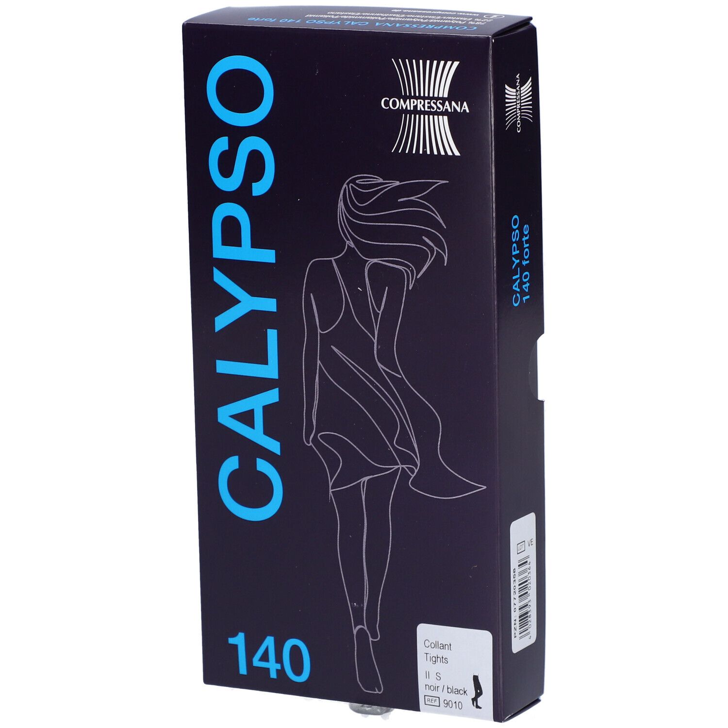 Collant noir en boîte. Inscription CALYPSO 140. Marque COMPRESSANA. Illustration d'une femme.