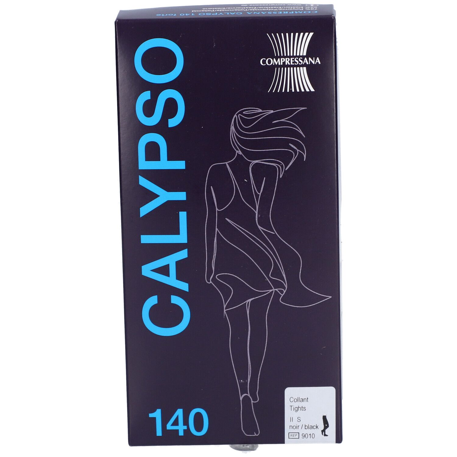 Collant noir en boîte. Inscription CALYPSO 140. Marque COMPRESSANA. Illustration d'une femme.