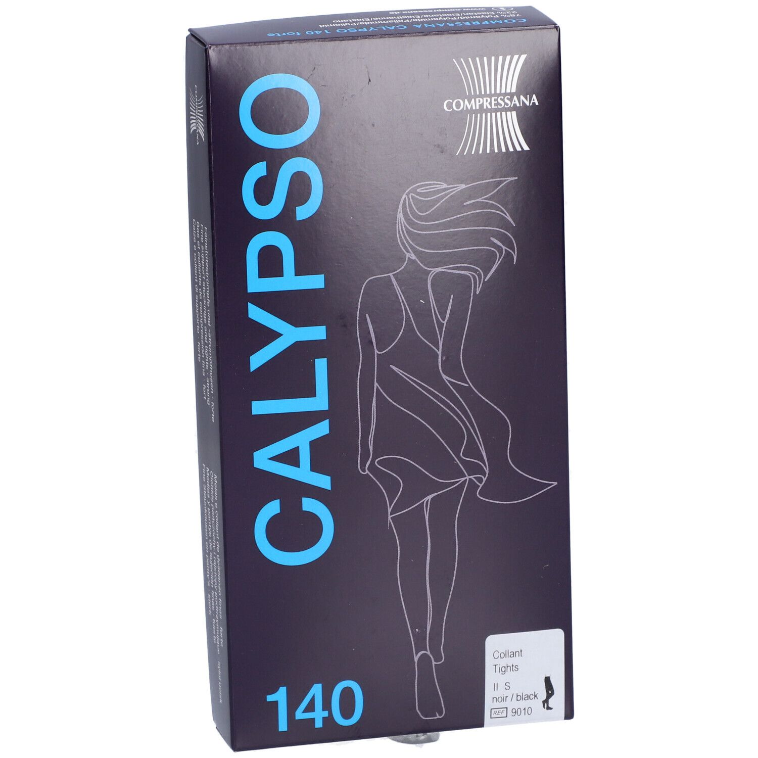Collant noir en boîte. Inscription CALYPSO 140. Marque COMPRESSANA. Illustration d'une femme.