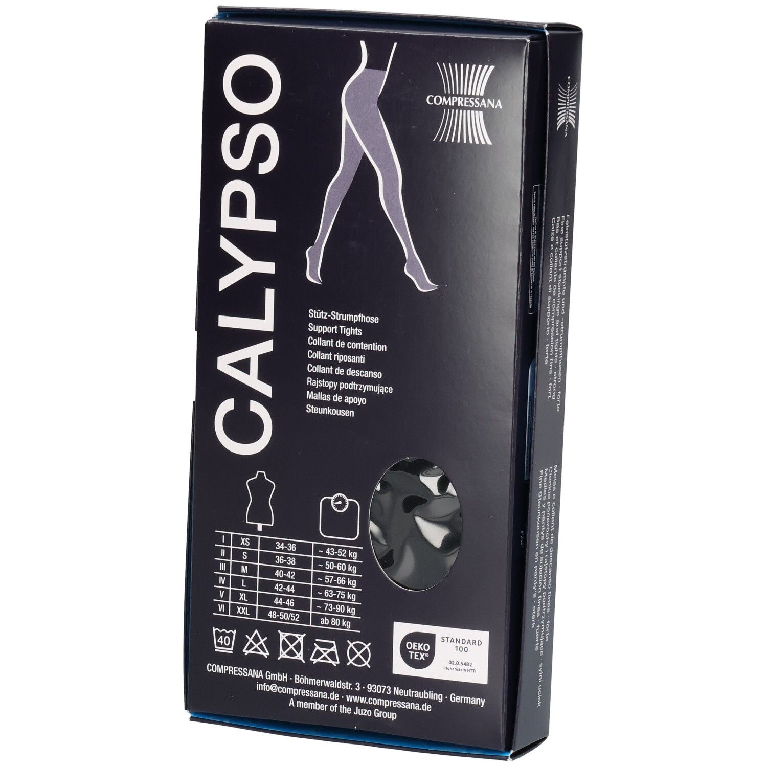 Emballage COMPRESSANA Calypso bas de contention, 140 den, noir, avec tableau des tailles.