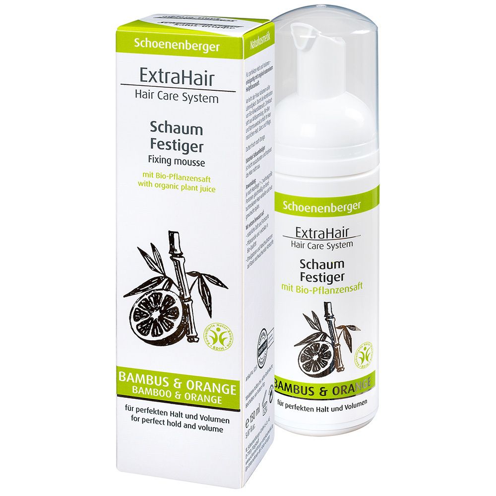 Fixateur en mousse et son emballage. Marque: Schoenenberger ExtraHair. Bambou & Orange. Avec jus de plantes bio.