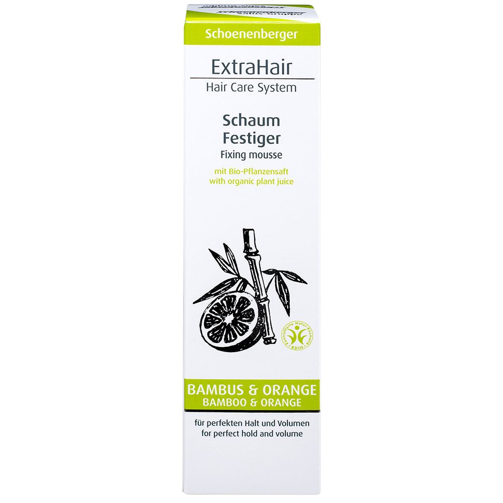 Emballage de fixateur en mousse. Marque: Schoenenberger ExtraHair. Bambou & Orange. Avec jus de plantes bio.