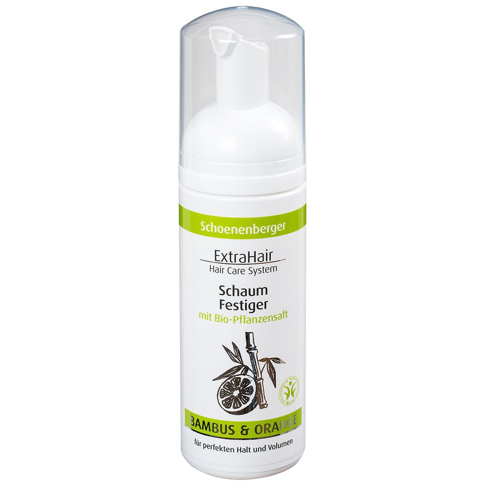 Flacon de fixateur en mousse blanc avec couvercle transparent. Marque: Schoenenberger ExtraHair. Bambou & Orange.