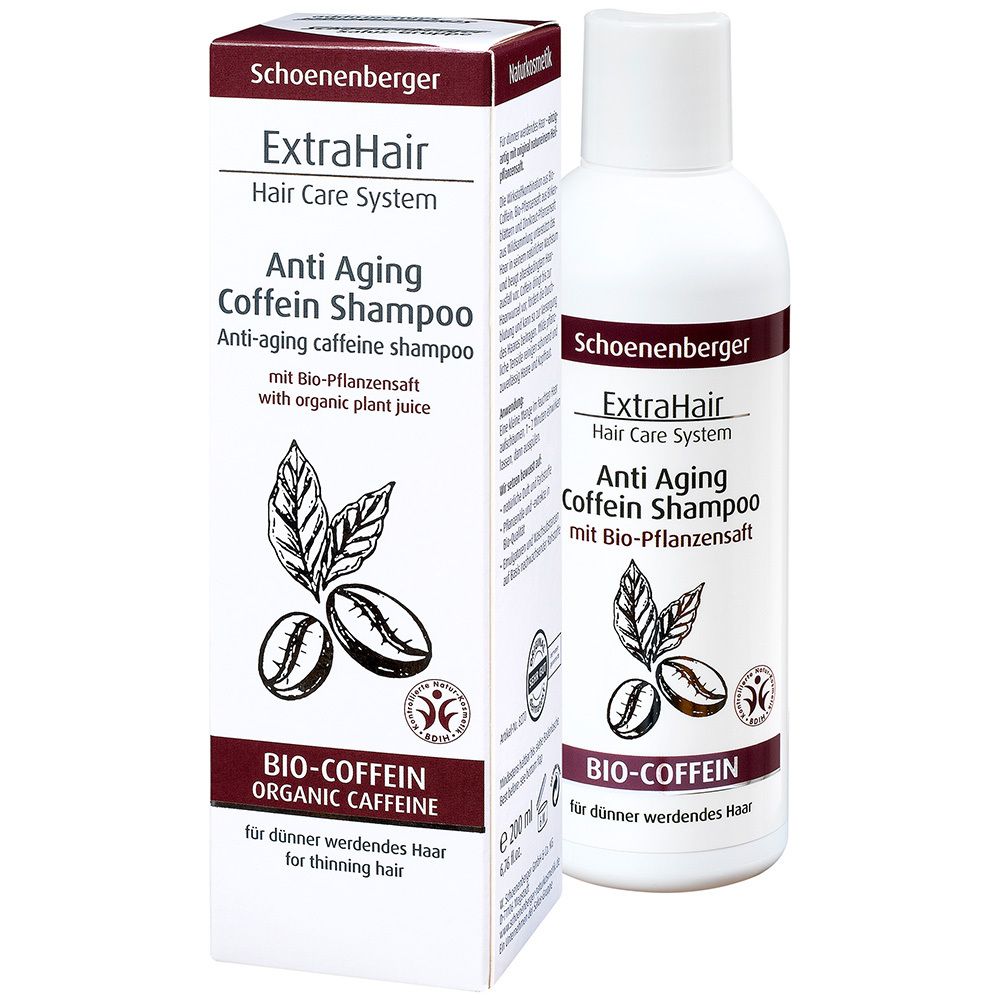 Boîte et flacon de shampooing. Inscription : ExtraHair, Anti Aging Coffein Shampoo, Bio-Coffein, pour cheveux clairsemés.