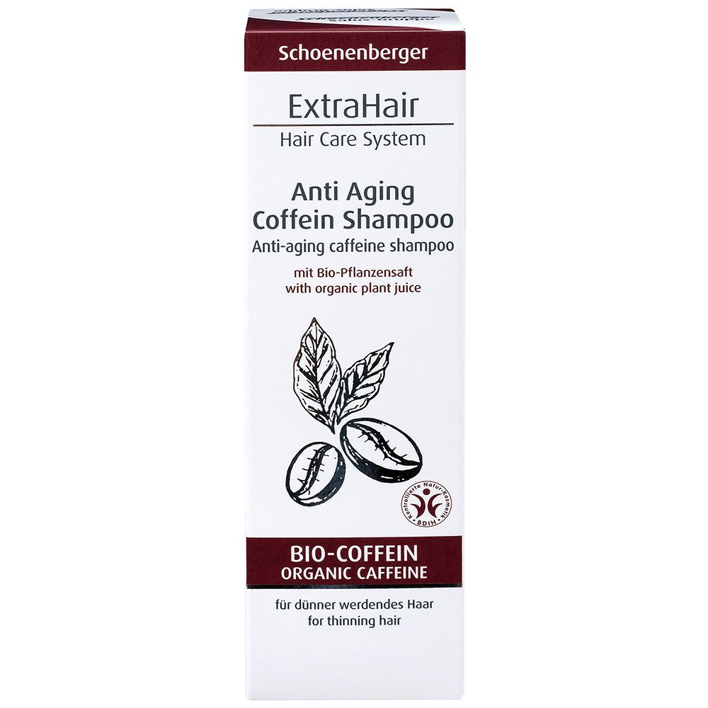Boîte de shampooing. Inscription : ExtraHair, Anti Aging Coffein Shampoo, Bio-Coffein, pour cheveux clairsemés.