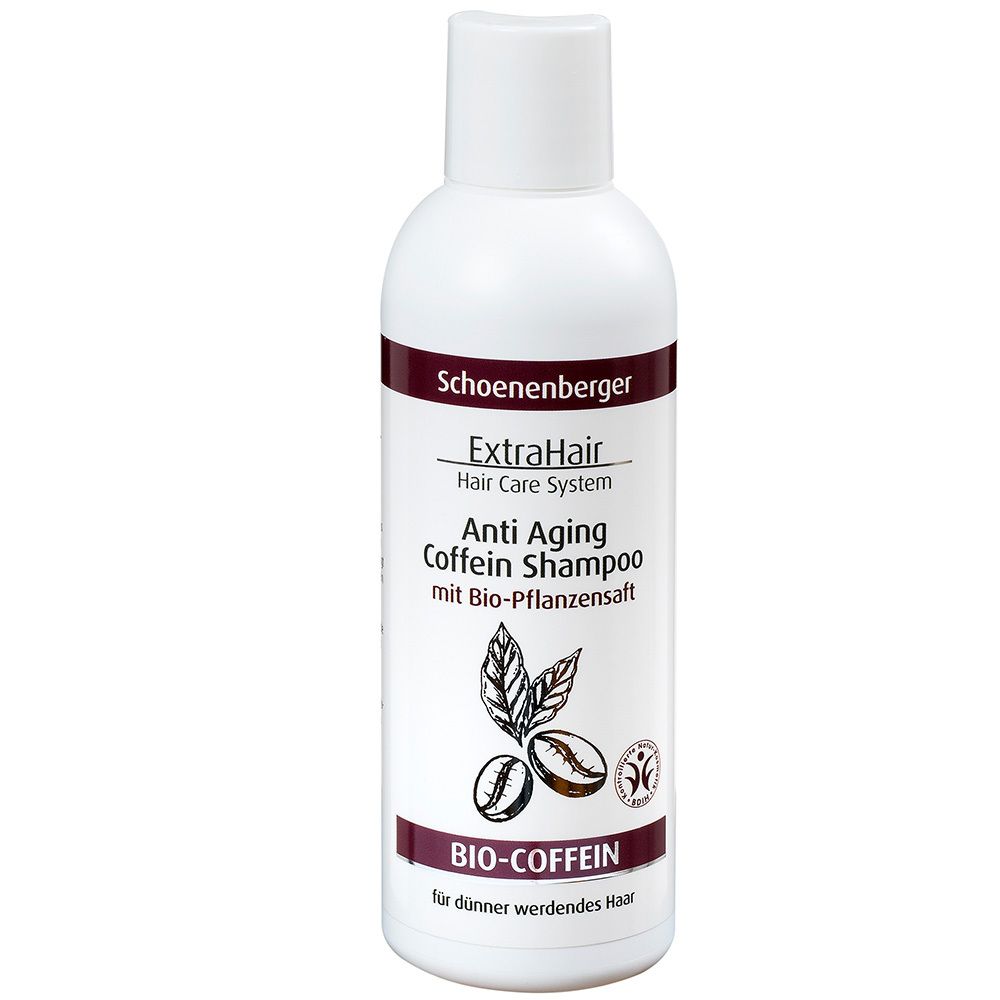 Flacon de shampooing. Inscription : ExtraHair, Anti Aging Coffein Shampoo, Bio-Coffein, pour cheveux clairsemés.