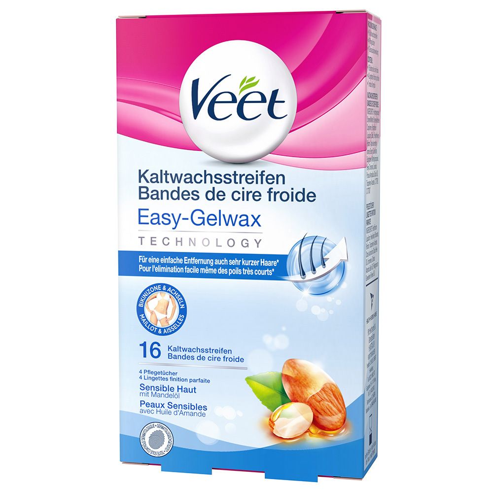 Bandes de cire froide Veet pour maillot et aisselles. Boîte de 16 bandes. Contient de l'huile d'amande. Technologie Easy-Gelwax.